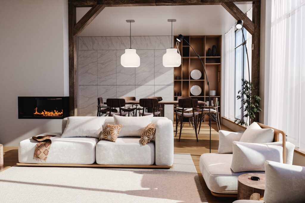 Interior of a open space of a modern house with white furniture