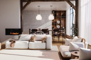 Interior of a open space of a modern house with white furniture