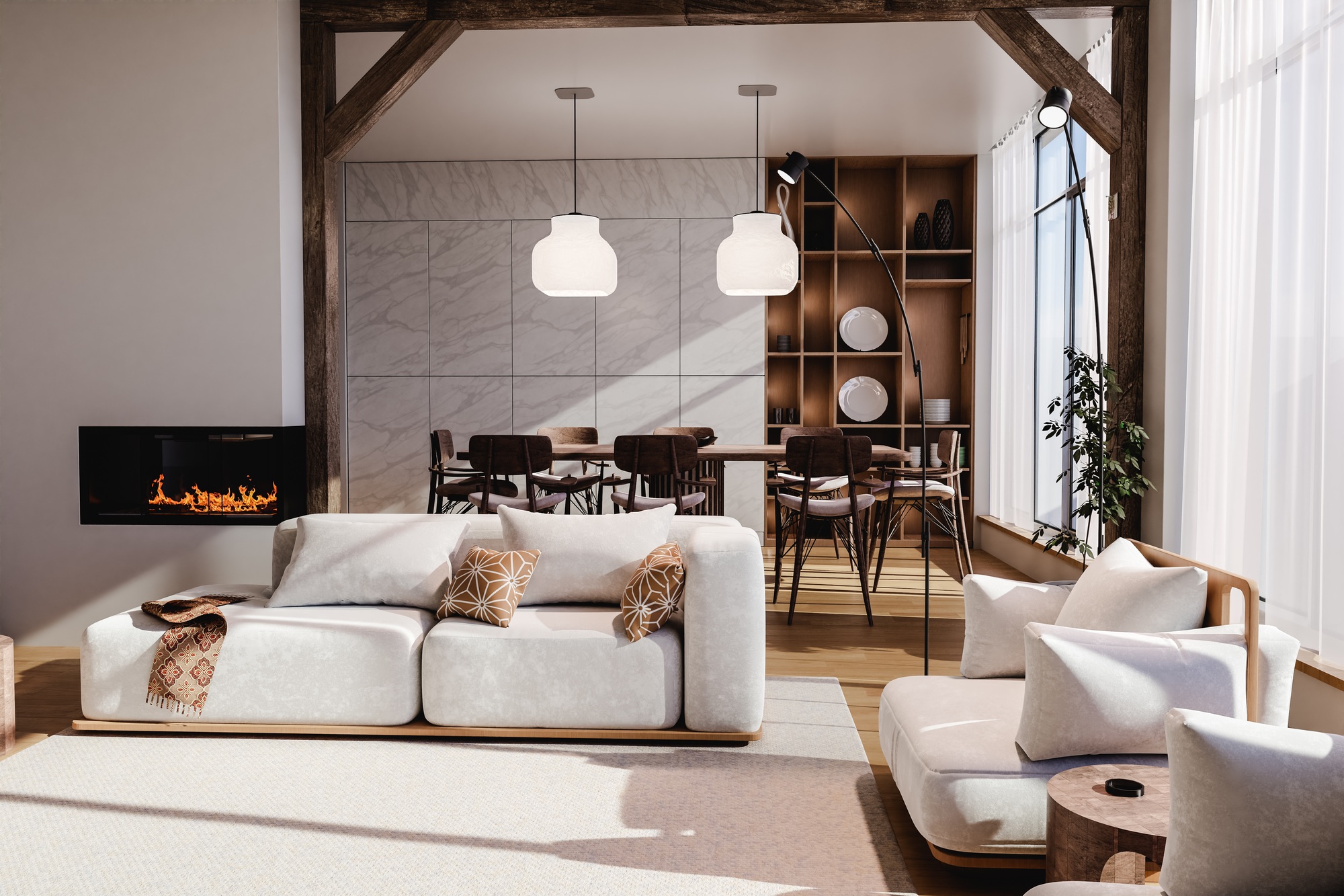 Interior of a open space of a modern house with white furniture