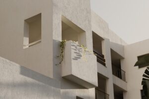 Spain modern architecture details, white house during sunset.