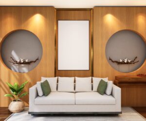 3D illustration Mockup photo frame in living room rendering