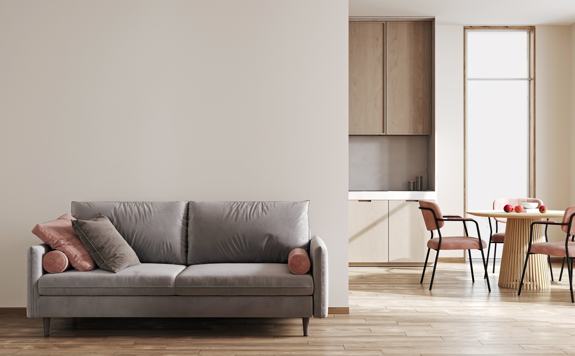 Modern clean kitchen interior concept with wooden dinning furniture and gray sofa, Generative AI