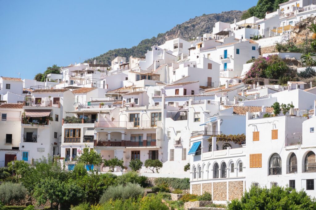 Views of the village of Frigiliana in Malaga with white houses together (Andalusia - Spain)